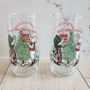 Coca Cola Drinking Glasses Clear 1980 Holly Hobbie Robby Christmas 2 Pack Cups